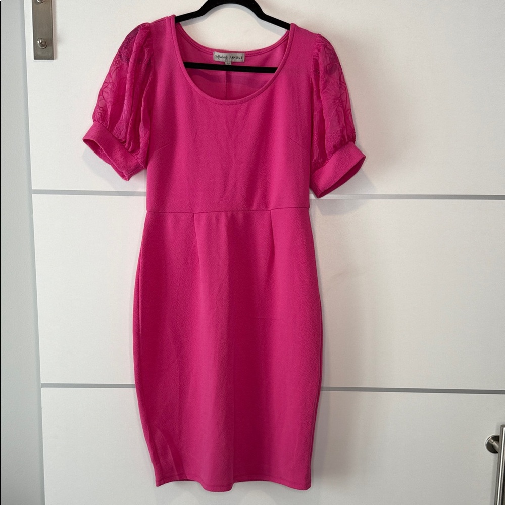 Absolutely Famous Fuchsia Mini Dress with Lace Sleeves Never Worn